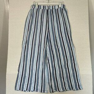 Nouveaumonde Wide Leg Pants, Gauzy Cotton, Elastic Waist, Blue & White, Large